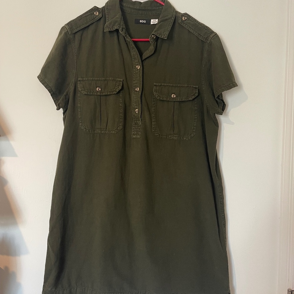 Vintage BDG Olive Utility Shirt Dress Safari Minimalist L Green Urban Outfitters